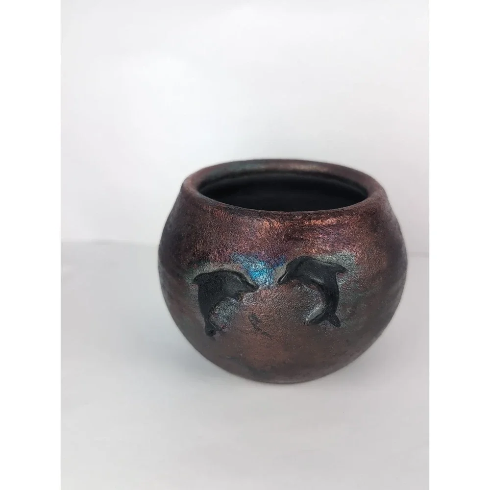 Raku Pottery Iridescent Vase W/ Dolphins, Artist Signed CAM  2.5